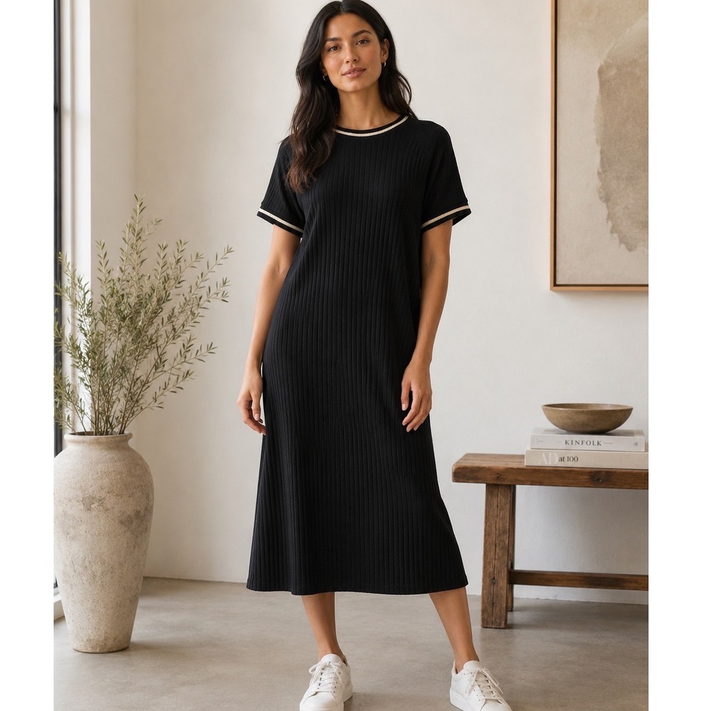 Dressed In LALA Ribbed Midi Dress Black Metallic Stripe Trim Medium